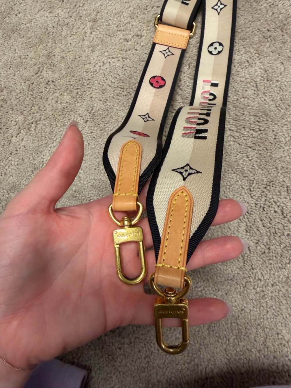 Louis Vuitton Beige Monogram Canvas Strap with Black Trim and Pink Details